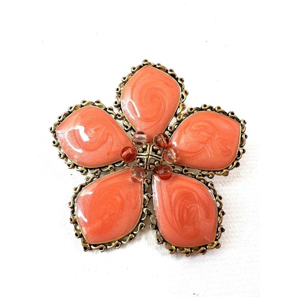 Vintage Jewelry - Large Vintage Flower Brooch Pearlized Coral Swirl Gold Tone Frame 2 3/16"